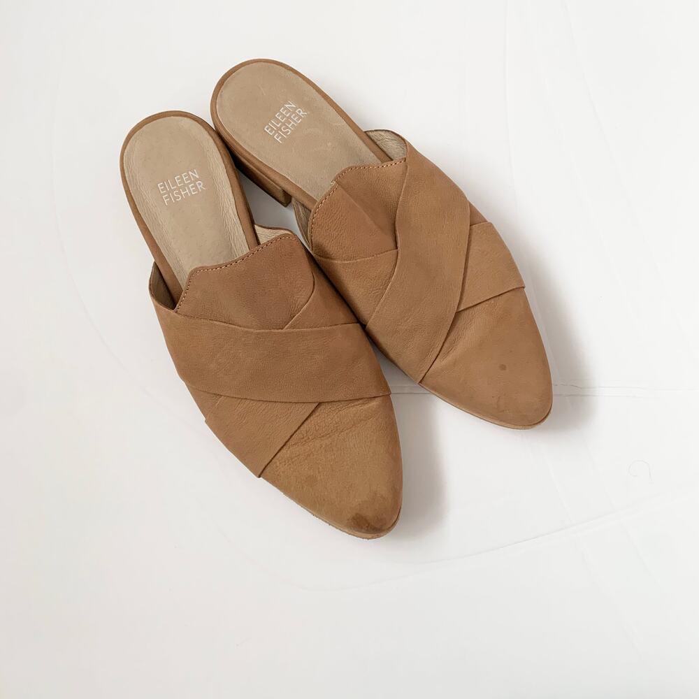 Eileen Fisher Bauer Tumbled Nubuck Tan Leather Mule Flat Shoes